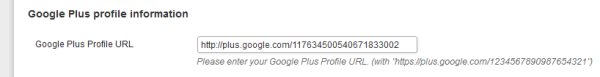 в появившемся поле "Google Plus profile information" пропишите ваш url Google+ в таком виде