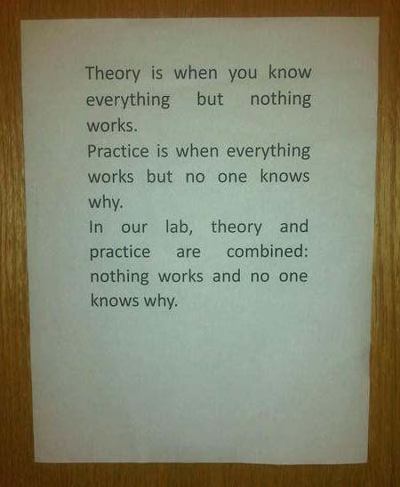 Theory is when you know everything but nothing works. Practice is when everything works but no one knows why. In our lab, theory and practice are combined: nothing works and no one knows why.