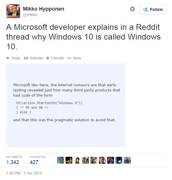 Почему Windows пропустил версию 9 - да потому что это привело бы к валу ошибок в старом стороннем софте.